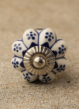 Flower Shaped Blue Designe on White Ceramic Cabinet Knob