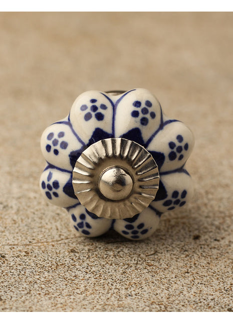 Flower Shaped Blue Designe on White Ceramic Cabinet Knob