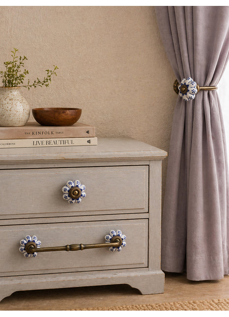 Blue Design Ceramic Drawer Cabinet Knob, Pull & Curtain Tie Bundle