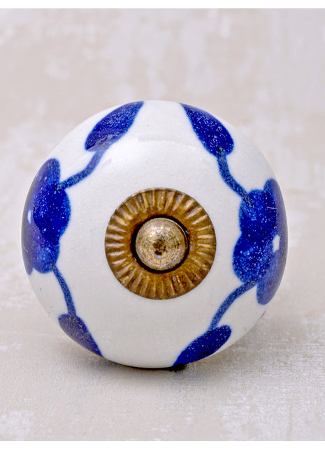 Stylish White Cabinet knob with Blue Leaves