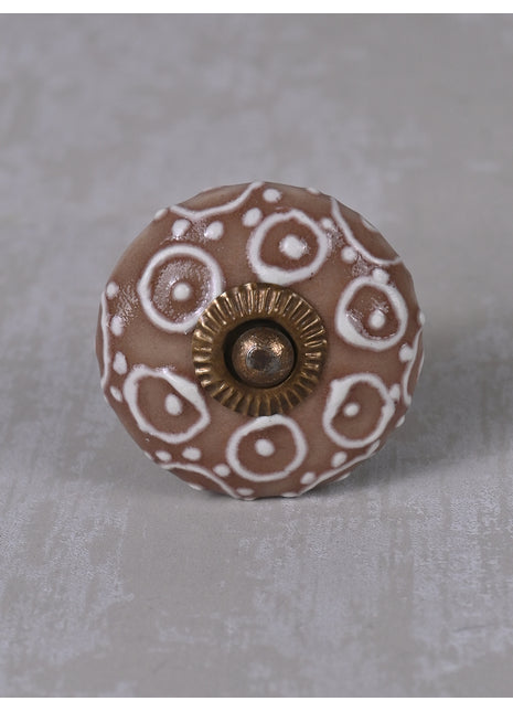 Brown Ceramic Dresser Knob With White Embossed Design