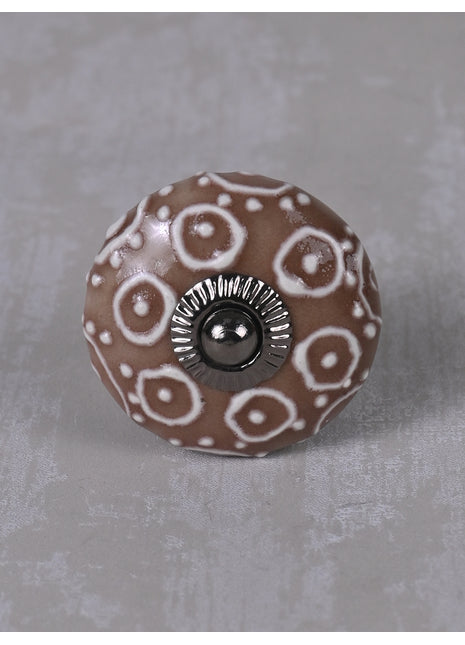Brown Ceramic Dresser Knob With White Embossed Design