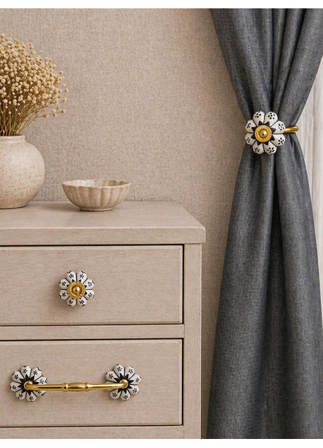Black Design Ceramic Drawer Cabinet Knob, Pull & Curtain Tie Bundle