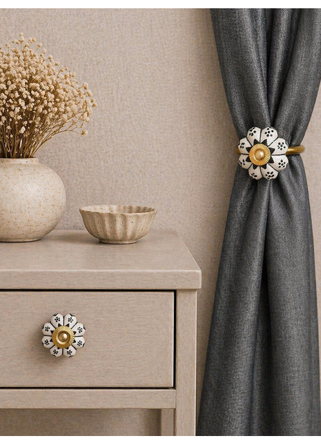 Black Design Ceramic Drawer Cabinet Knob & Curtain Tie Bundle
