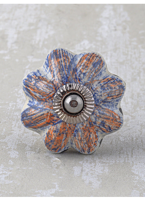 Designer White Ceramic Drawer Cabinet Knob With Blue Flower