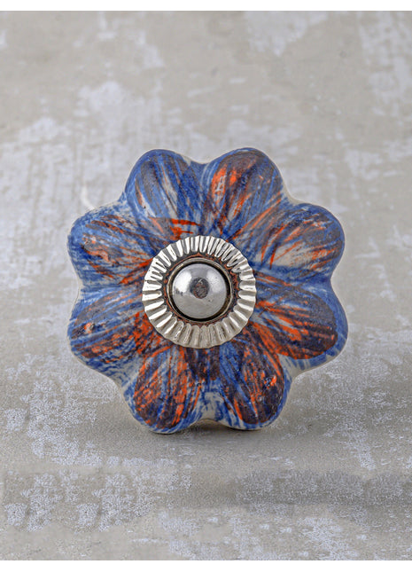 Designer White Ceramic Drawer Cabinet Knob With Blue Flower
