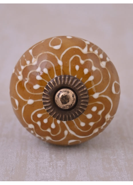 Brown Ceramic Drawer Knob With Embossed Floral Design