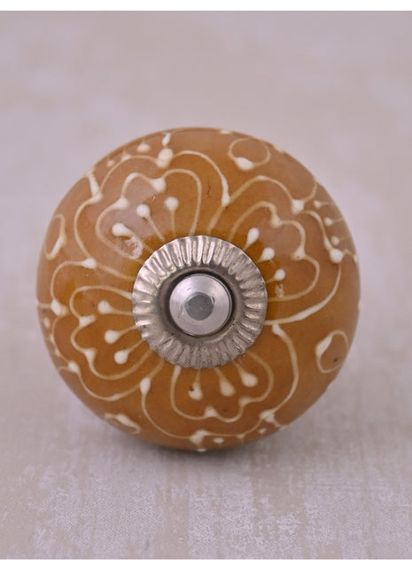 Brown Ceramic Drawer Knob With Embossed Floral Design