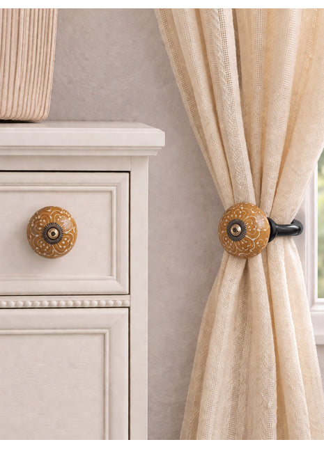Handmade Brown Ceramic Drawer Cabinet Knob & Curtain Tie Bundle