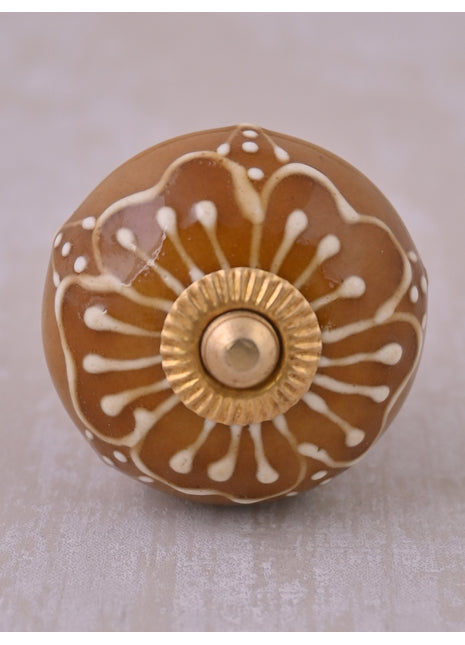 Brown Ceramic Drawer Knob With Embossed Floral Design