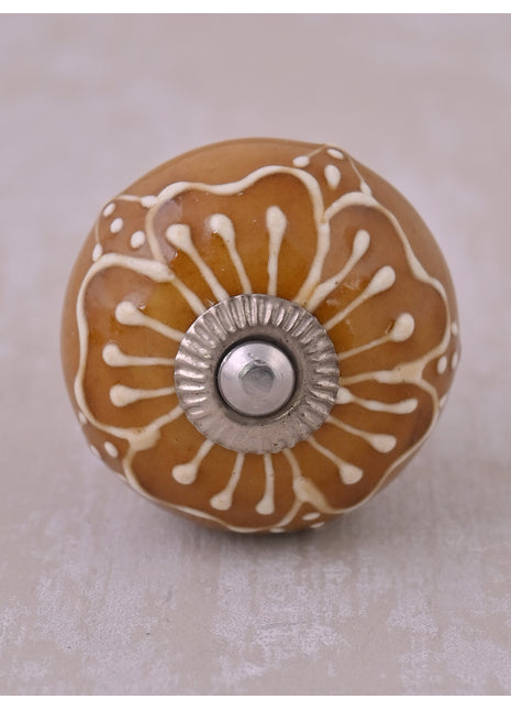 Brown Ceramic Drawer Knob With Embossed Floral Design