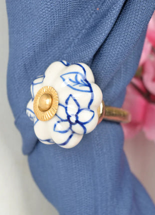 Blue Design on White Ceramic Knob, Curtain Tie & Pull Bundle