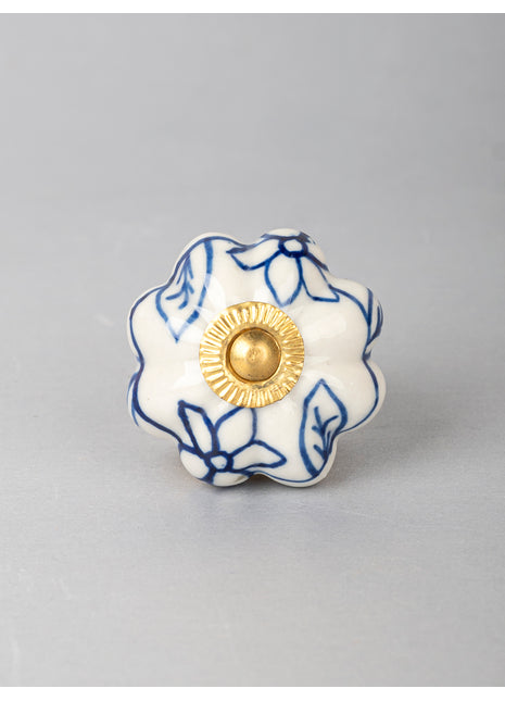 Blue Flower design On White Base Ceramic Knob