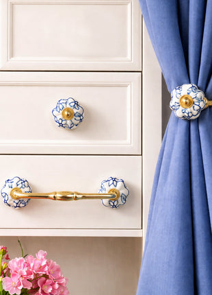 Blue Design on White Ceramic Knob, Curtain Tie & Pull Bundle