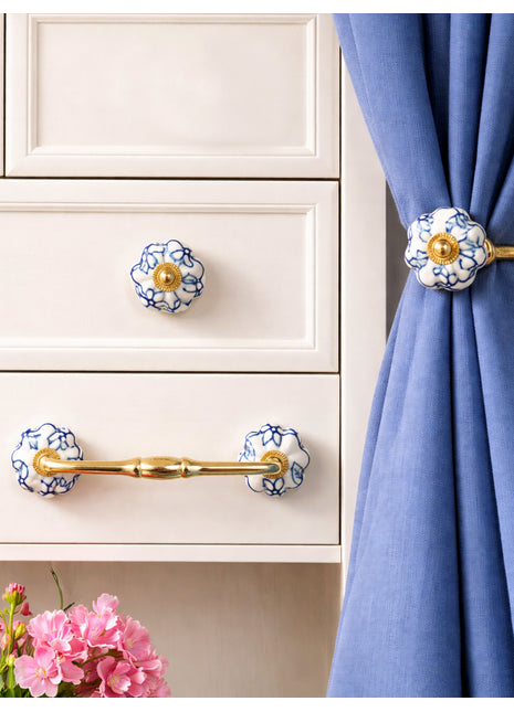 Blue Design on White Ceramic Knob, Curtain Tie & Pull Bundle