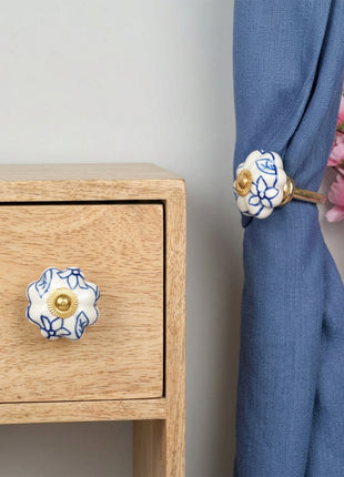 Blue Design on White Ceramic Drawer Cabinet Knob & Curtain Tie Bundle