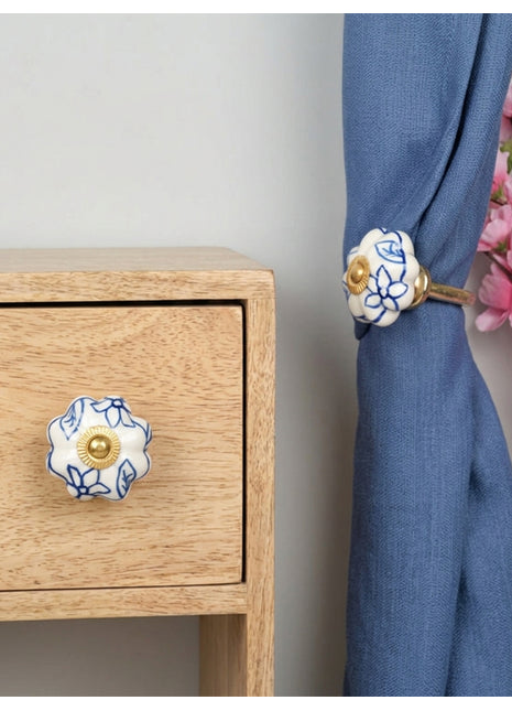 Blue Design on White Ceramic Drawer Cabinet Knob & Curtain Tie Bundle