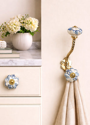 Blue Design on White Ceramic Cabinet  Knob & Hanger Bundle – Decorative Closet Hardware