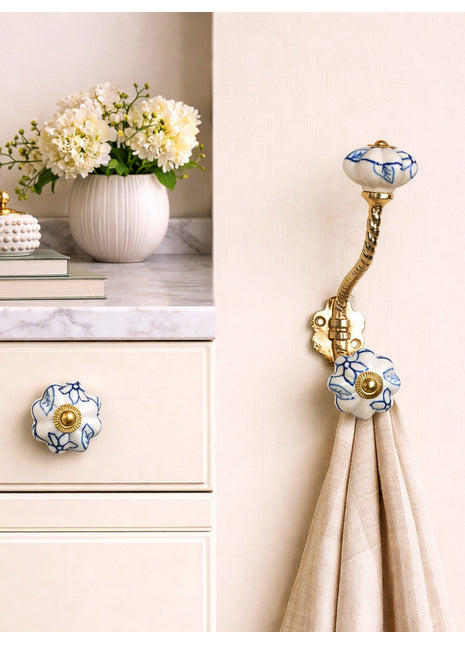 Blue Design on White Ceramic Cabinet  Knob & Hanger Bundle – Decorative Closet Hardware