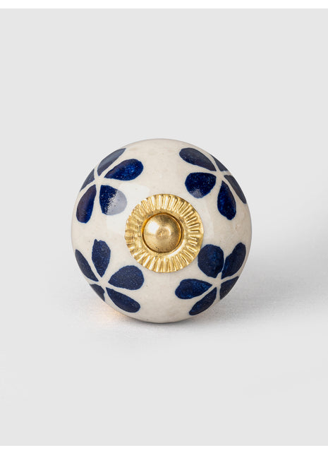 Blue Flower design On White Base Ceramic Knob