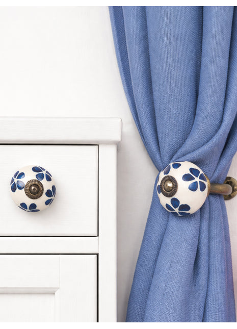Blue Flower Ceramic Drawer Cabinet Knob & Curtain Tie Bundle