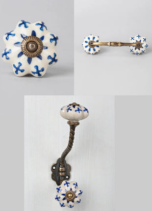Blue Flower Design on White Base – Ceramic Knob, Pull & Hanger Bundle