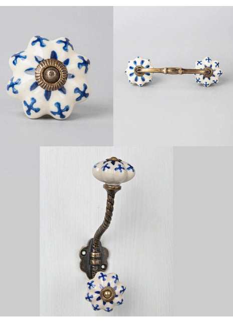 Blue Flower Design on White Base – Ceramic Knob, Pull & Hanger Bundle