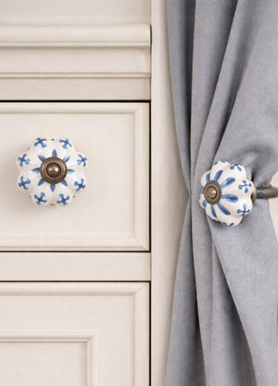 Blue Flower Design on White Base – Ceramic Knob & Curtain Tie Bundle