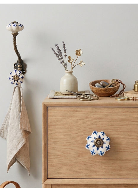 Blue Flower Ceramic Cabinet Knob & Hanger Bundle – Decorative Closet Hardware Set