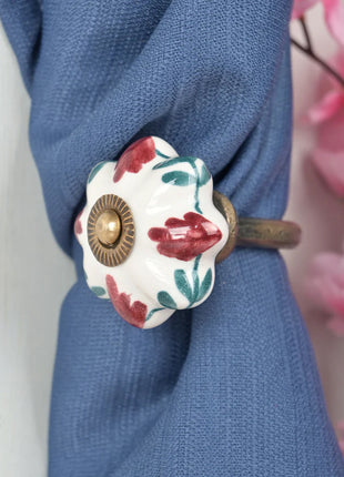 Red Flower On White Ceramic Knob, Curtain Tie & Pull Bundle