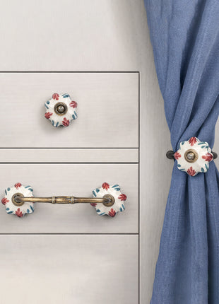Red Flower On White Ceramic Knob, Curtain Tie & Pull Bundle