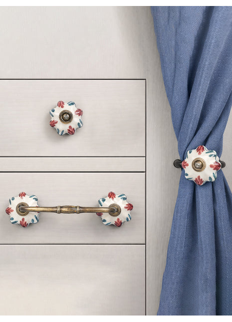 Red Flower On White Ceramic Knob, Curtain Tie & Pull Bundle