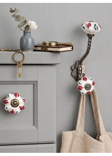Red Flower On White Ceramic Cabinet  Knob & Hanger Bundle – Decorative Closet Hardware