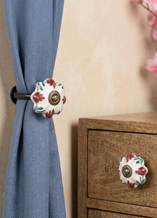 Red Flower On White Ceramic Drawer Cabinet Knob & Curtain Tie Bundle
