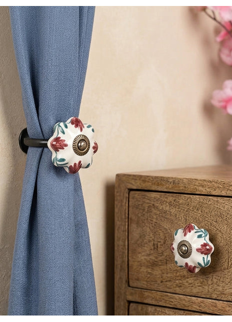 Red Flower On White Ceramic Drawer Cabinet Knob & Curtain Tie Bundle