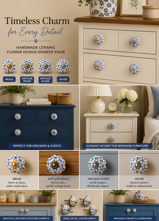 Blue Flower design On White Base Ceramic Door Knob
