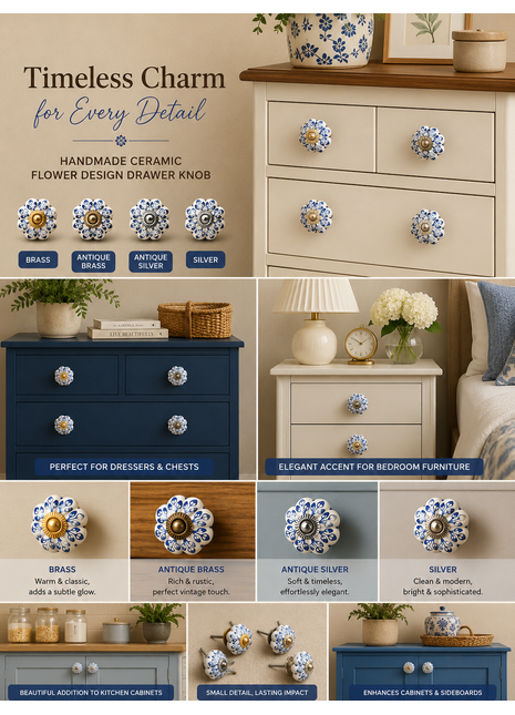 Blue Flower design On White Base Ceramic Door Knob