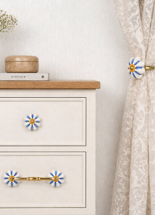 Blue design On White Base Ceramic Knob, Curtain Tie & Pull Bundle