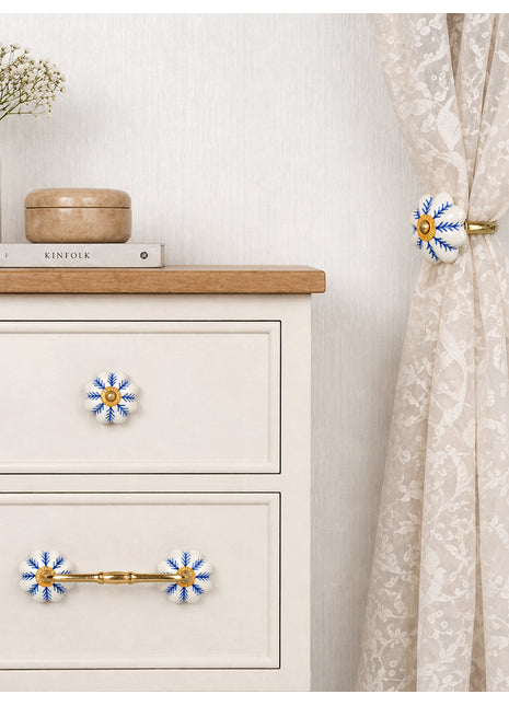 Blue design On White Base Ceramic Knob, Curtain Tie & Pull Bundle