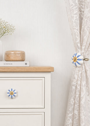 Blue design On White Base Ceramic Drawer Cabinet Knob & Curtain Tie Bundle