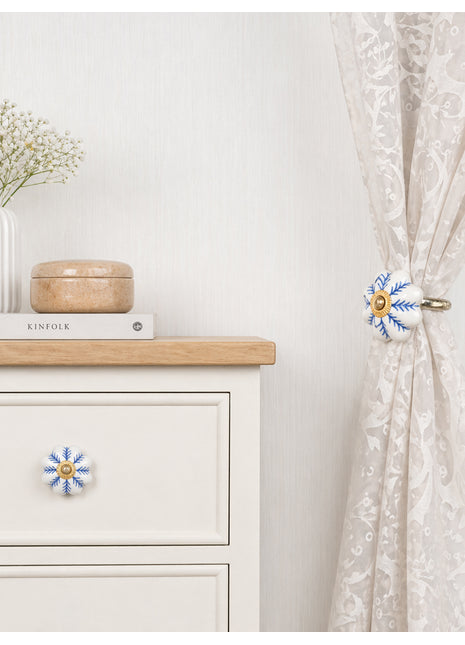 Blue design On White Base Ceramic Drawer Cabinet Knob & Curtain Tie Bundle