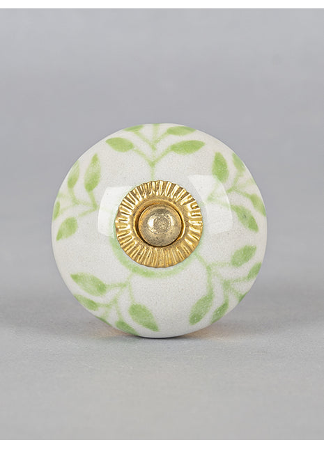 Green Leaf On White Ceramic Knob