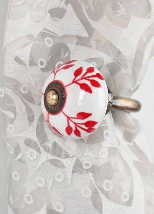 Red Design On White Ceramic Knob, Curtain Tie & Pull Bundle