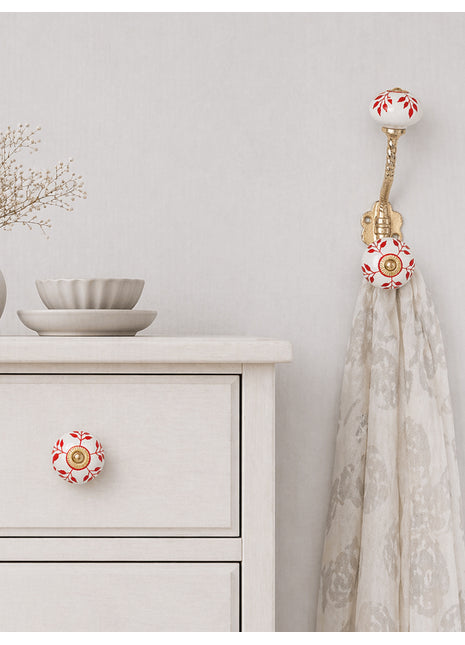 Red Design On White Ceramic Cabinet  Knob & Hanger Bundle – Decorative Closet Hardware