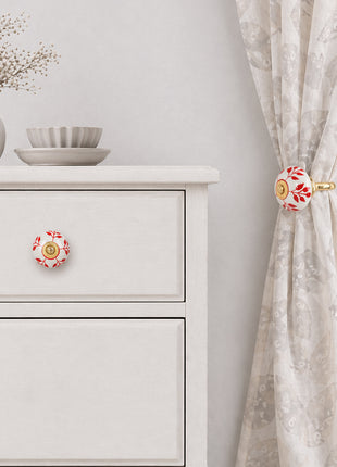 Red Design On White Ceramic Drawer Cabinet Knob & Curtain Tie Bundle