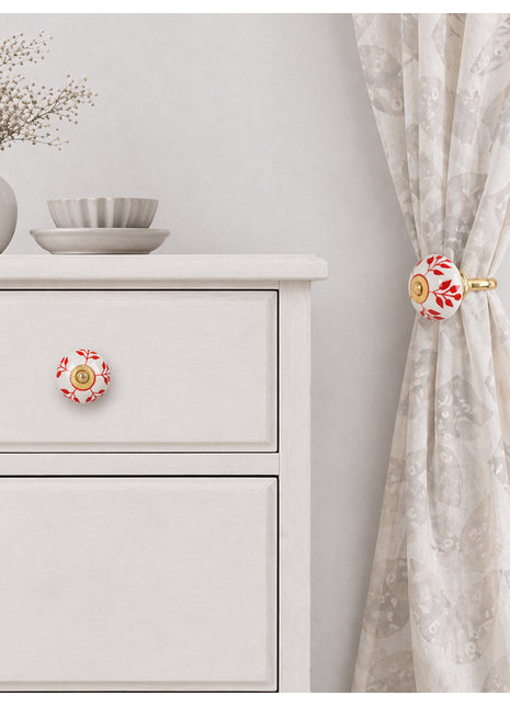 Red Design On White Ceramic Drawer Cabinet Knob & Curtain Tie Bundle