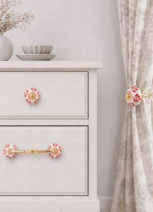 Red Design On White Ceramic Knob, Curtain Tie & Pull Bundle