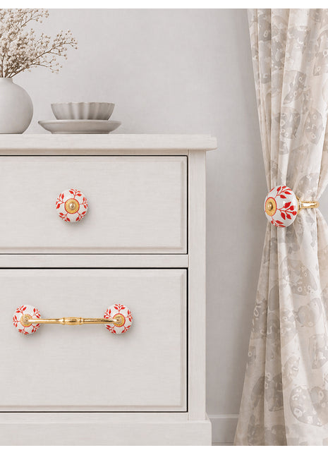Red Design On White Ceramic Knob, Curtain Tie & Pull Bundle