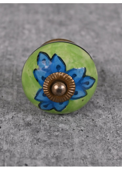 Elegant Green and Turquoise Handpainted Ceramic Drawer Knob