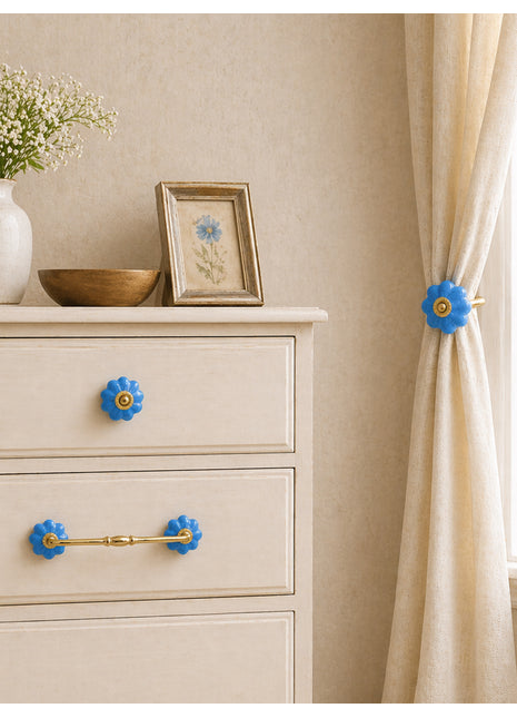 Turquoise Color Cracked Ceramic Drawer Cabinet Knob, Pull & Curtain Tie Bundle